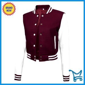 Cropped Varsity Bomber Jacket Women's Casual Fleece Lightweight Outerwear